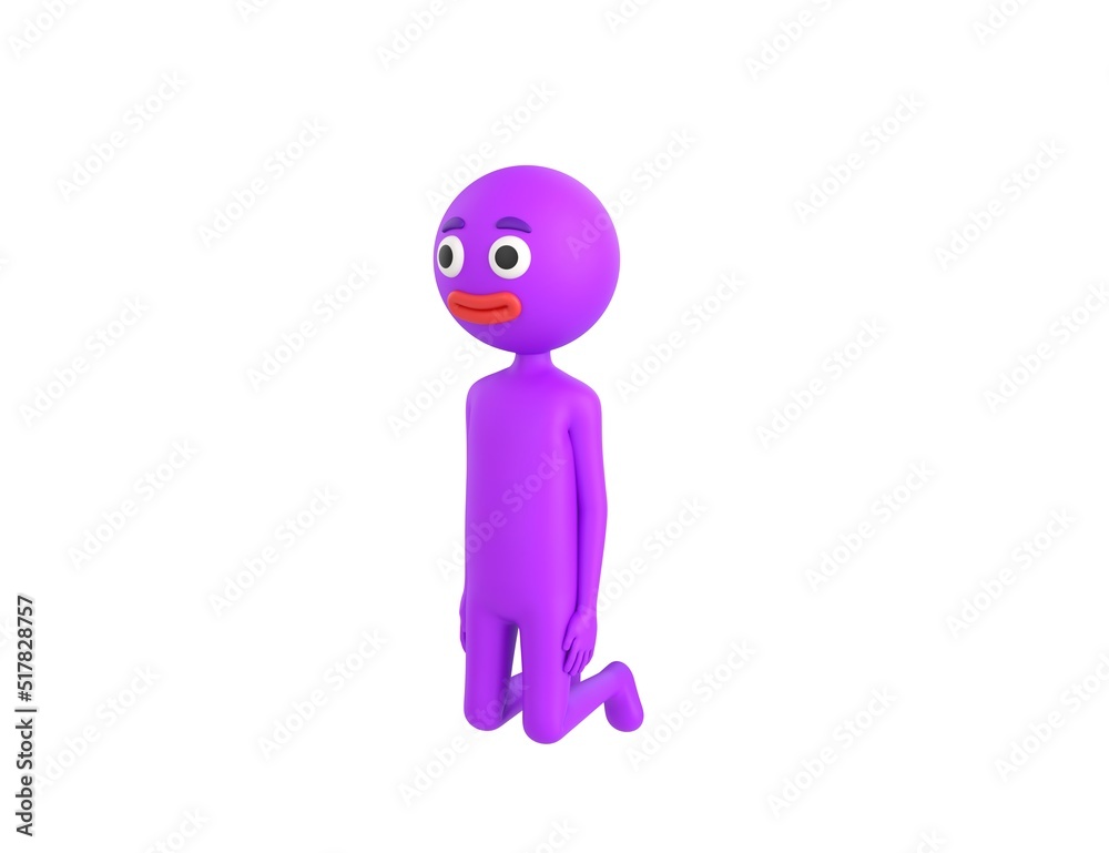 Purple Man character kneeling in 3d rendering.