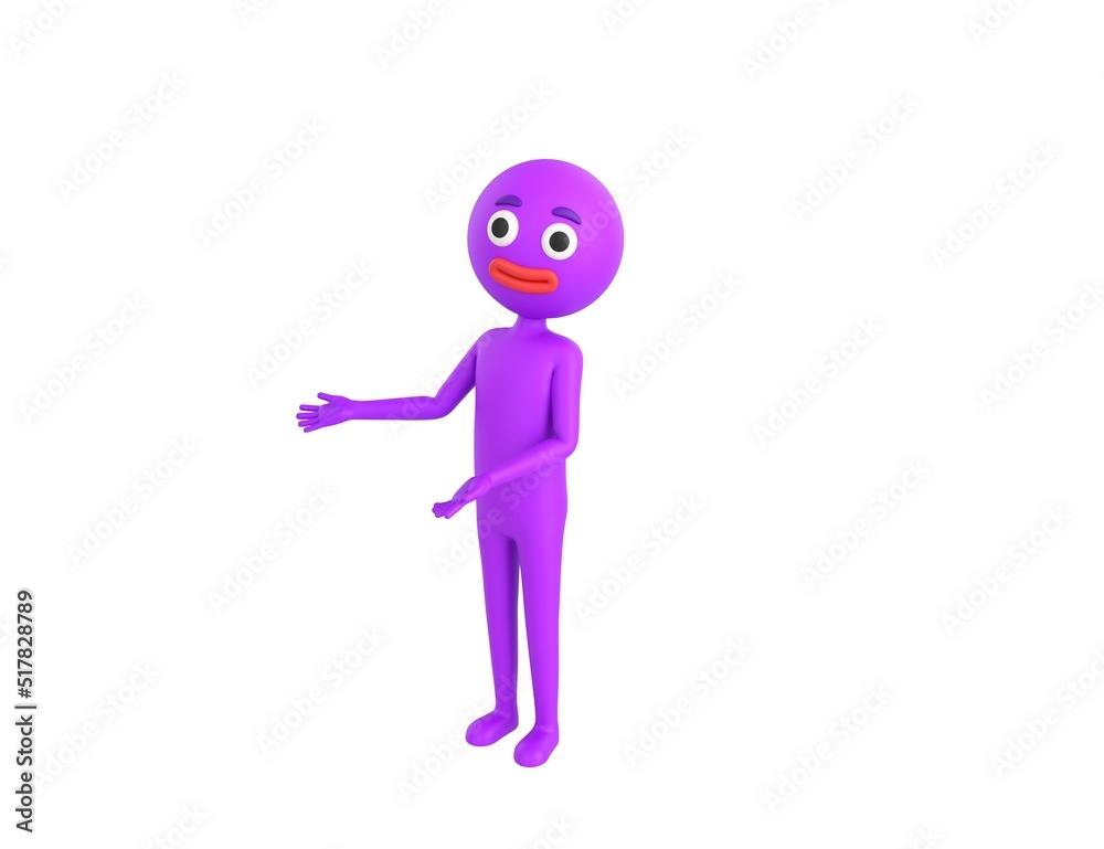 Purple Man character doing welcome gesture in 3d rendering. Purple Man character doing welcome gesture in 3d rendering.
