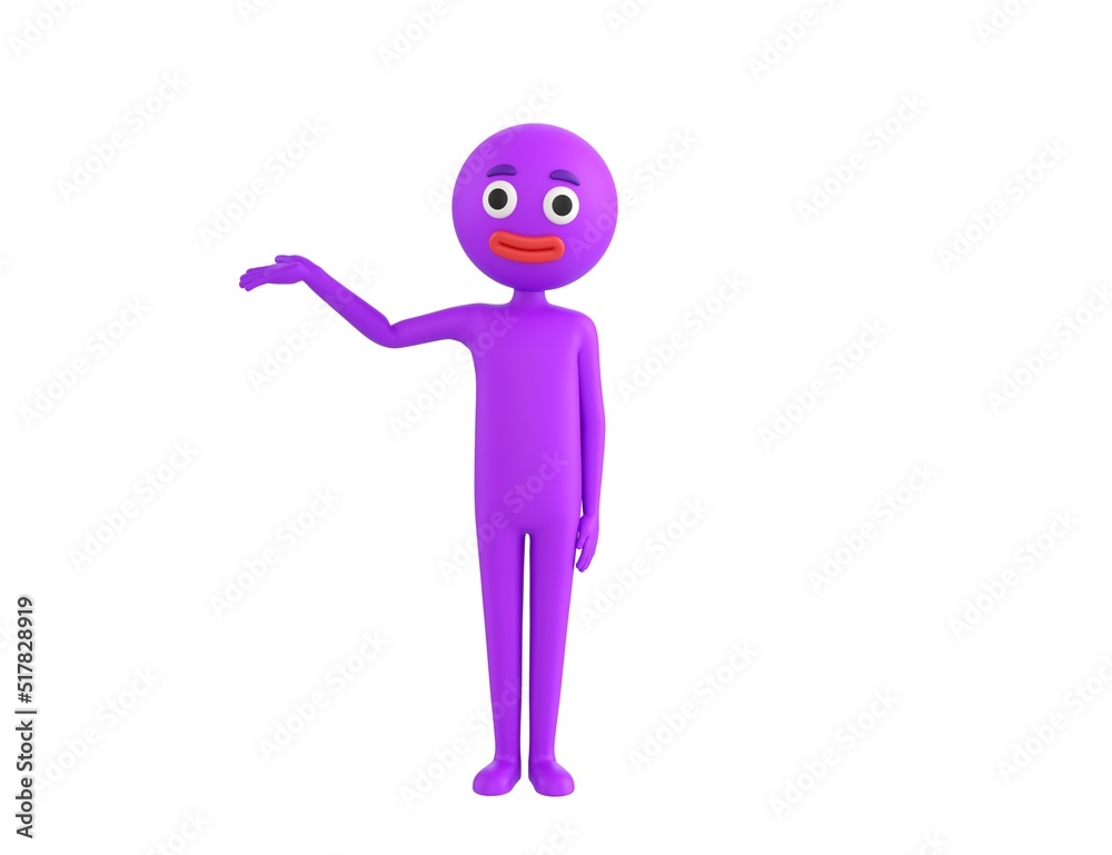Purple Man character raise his hand and pointing to the side in 3d rendering. Purple Man character raise his hand and pointing to the side in 3d rendering.