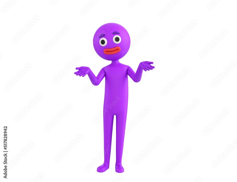 Purple Man character spreading his two hands and looking to camera in 3d rendering. Purple Man character spreading his two hands and looking to camera in 3d rendering.