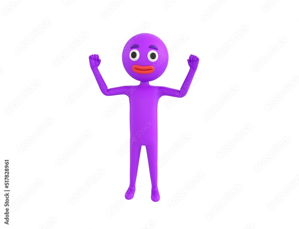 Purple Man character raising two fists in 3d rendering. Purple Man character raising two fists in 3d rendering.