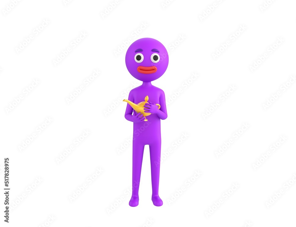 Purple Man character rubbing a magic lamp in 3d rendering. Purple Man character rubbing a magic lamp in 3d rendering.
