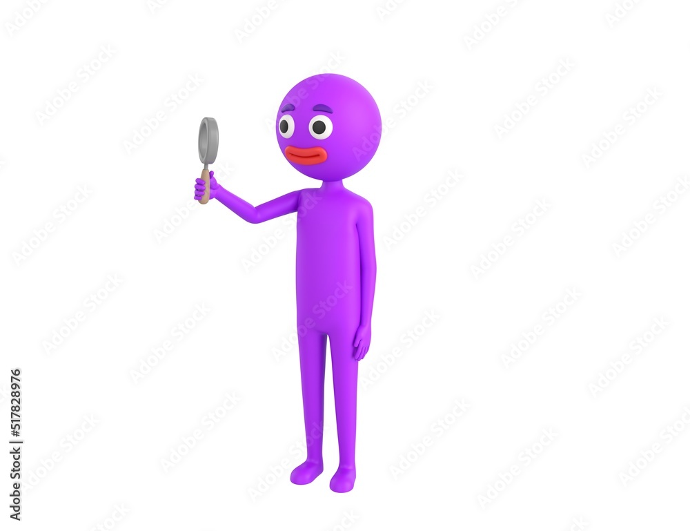 Purple Man character holding magnifying glass in 3d rendering. Purple Man character holding magnifying glass in 3d rendering.