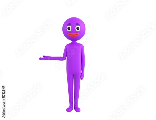 Purple Man character looking to camera and pointing hand to the side in 3d rendering.