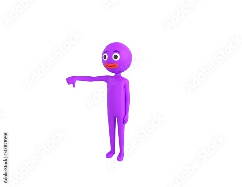Purple Man character showing thumb down in 3d rendering.