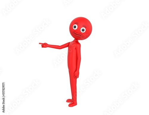 Red Man character pointing index finger to the left in 3d rendering.