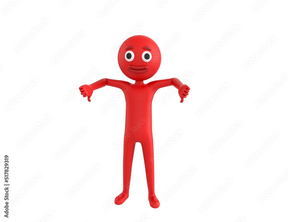 Red Man character showing thumb down with two hands in 3d rendering. Red Man character showing thumb down with two hands in 3d rendering.