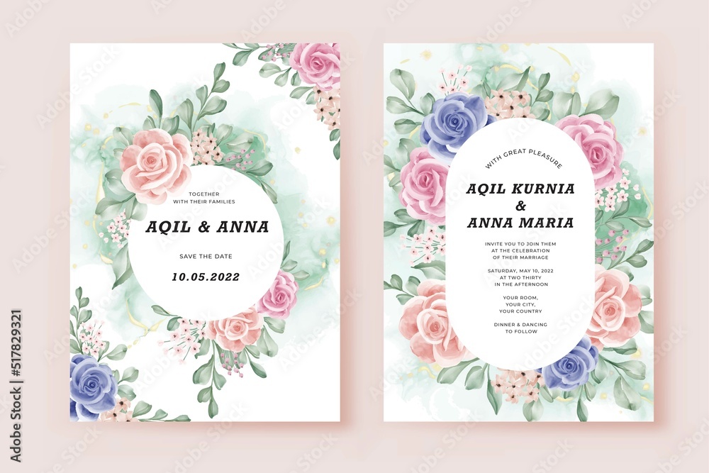 Wedding Invitation Template Cards Set with pink and blue Flowers