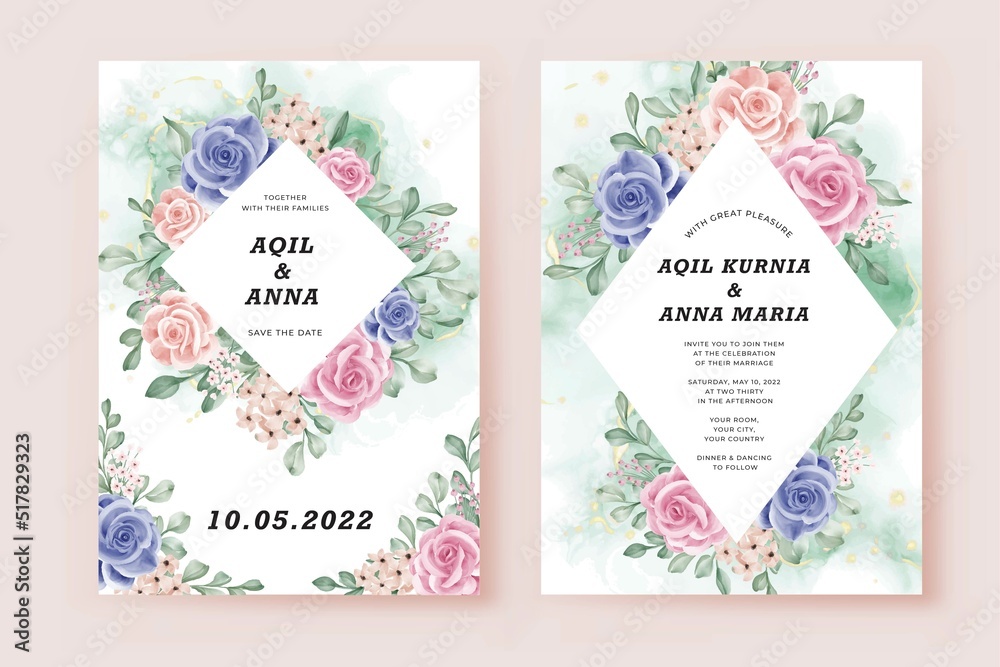 Beautiful rose flower Wedding Card Template with Floral Watercolor