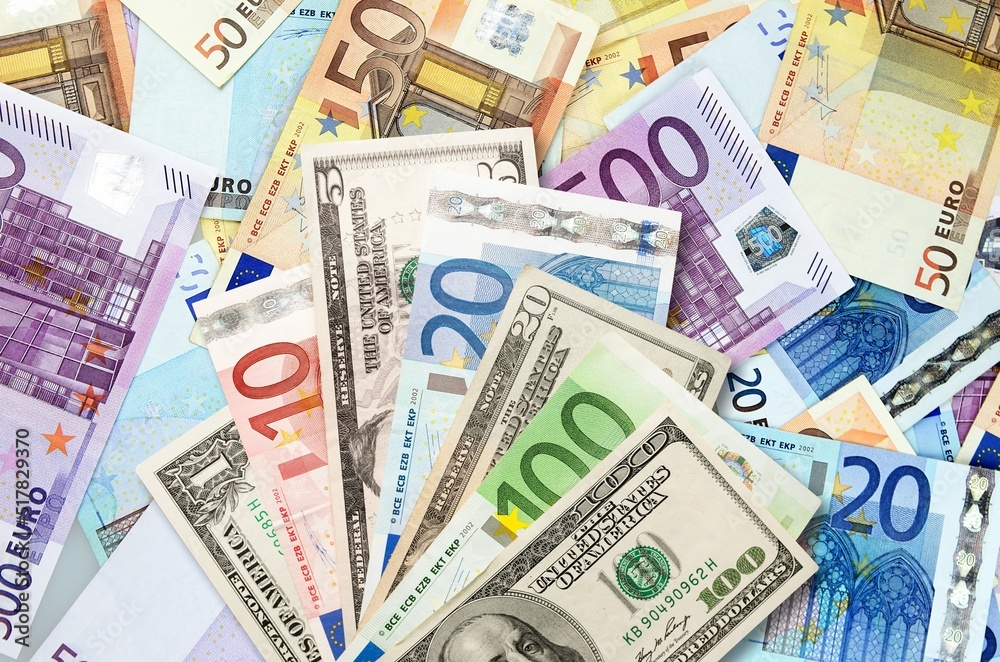 Euro in stationery band on pile of paper banknotes. Heap of money Euro in stationery band on pile of paper banknotes. Heap of money