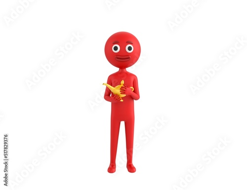 Red Man character rubbing a magic lamp in 3d rendering.
