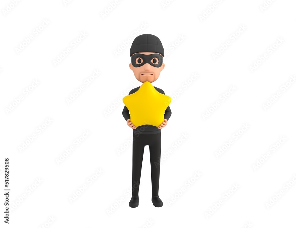 Robber character holding star in 3d rendering. Robber character holding star in 3d rendering.