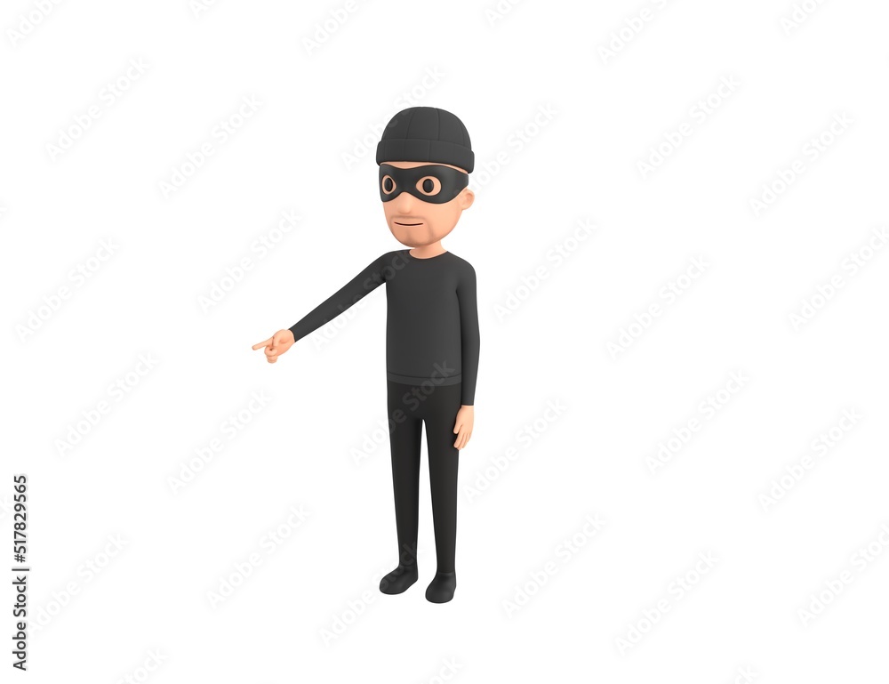 Robber character pointing to the ground in 3d rendering.