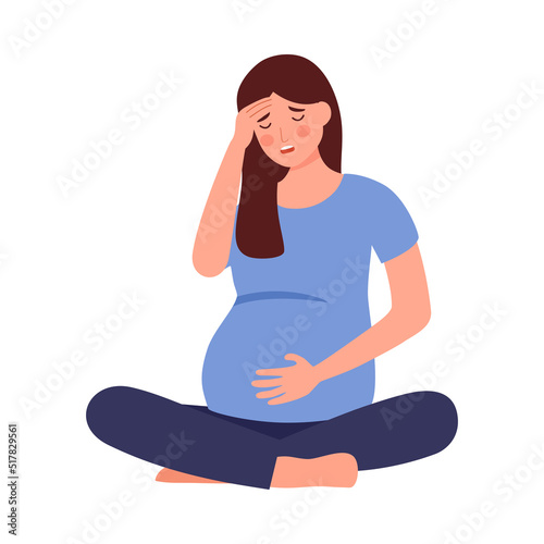 Pregnant woman suffering from headache, stress and nausea sickness in flat design on white background.