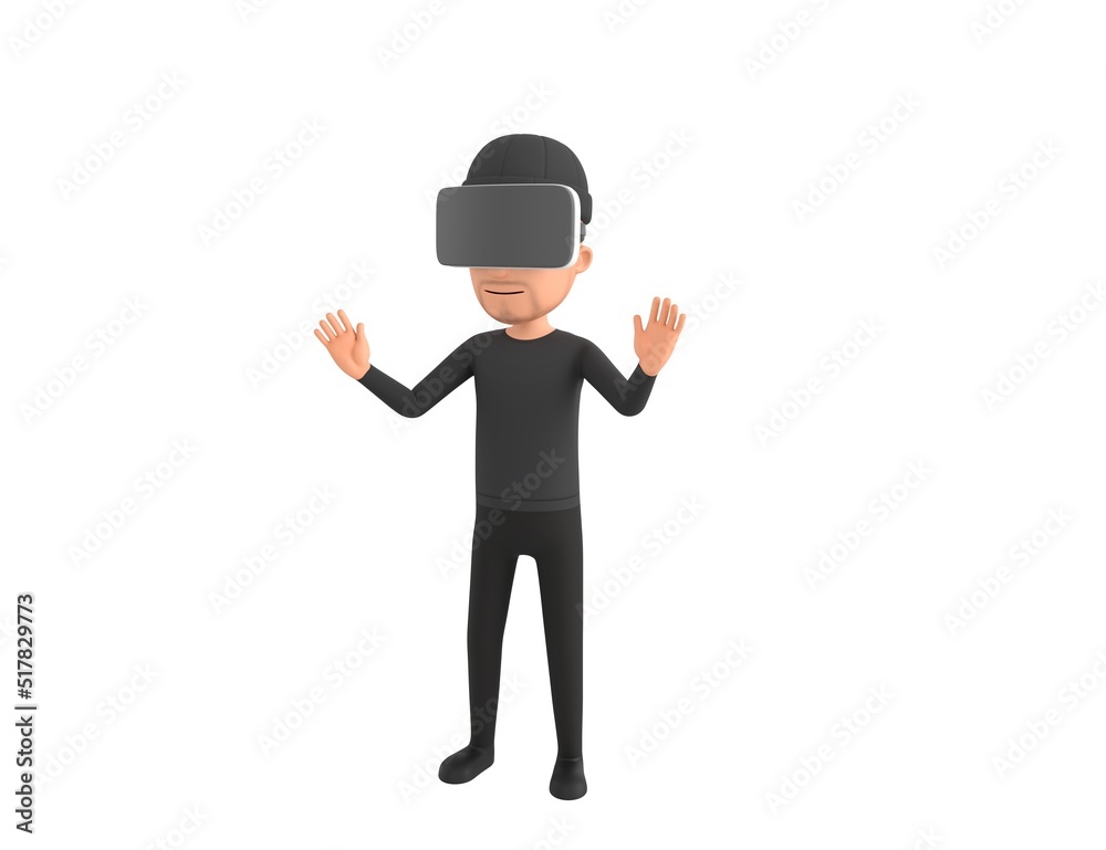 Robber character using VR headset in 3d rendering.