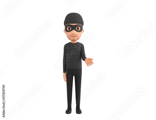 Robber character giving his hand in 3d rendering.