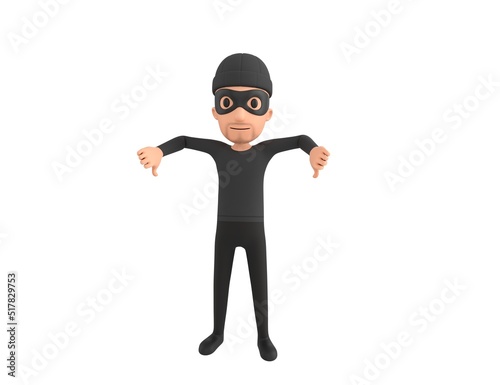Robber character showing thumb down with two hands in 3d rendering.
