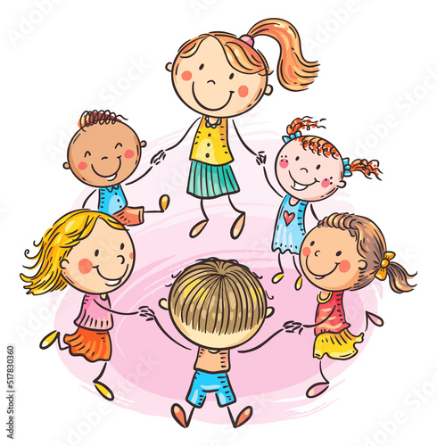 Happy children with their teacher dancing together, hand drawn cartoon clipart vector illustration
