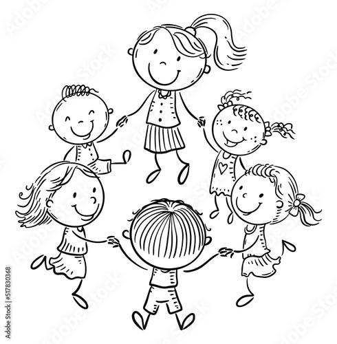 Line drawing of happy kids with their teacher dancing together, hand drawn cartoon clipart vector illustration