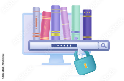 The online library is closed. Limited access to information, archival data, secure storage. Сlosed. Enter your login,  password or username. Vector banner 3d. Books on a computer screen with a lock. 