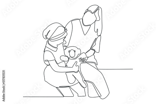 Single one line drawing caregiver supporting sick child with cancer wearing headscarf. Childhood Cancer Awareness Month Concept. Continuous line draw design graphic vector illustration.