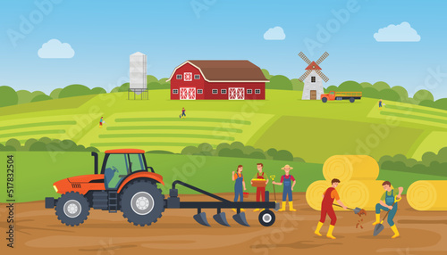 farm land scenery landscape with farmer and farming village with modern flat style