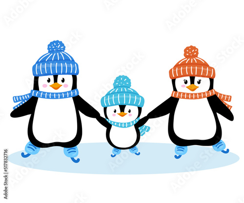 Vector illustration of cute penguin family isolated on white. Animals clipart in flat style. Penguins holding hands and skating on ice