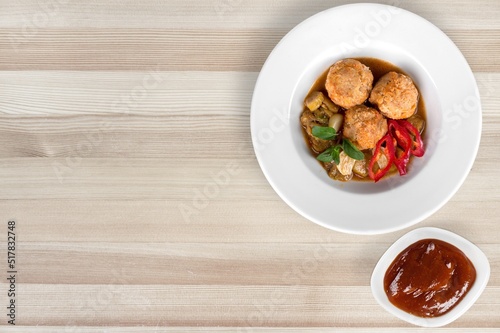 Bakso Meatballs and Soup Served Sauce, Food Style Popular Street Food