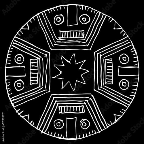 Round ethnic ornament with four stylized faces. Native American art of ancient Peru. Paracas style. Tribal mandala. Hand drawn linear sketch. White silhouette on black background.