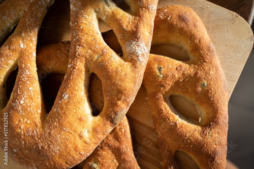 A traditional French pastry Fougasse. Top view. Flat lay.