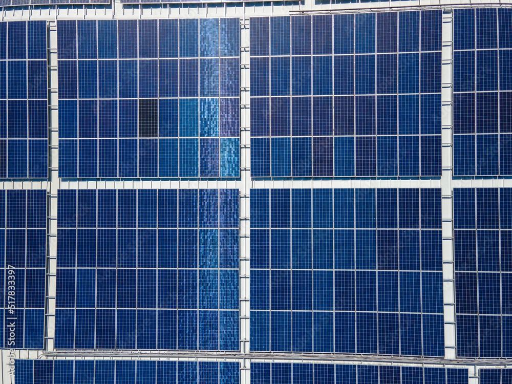 Aerial View of massive solar panel structure providing renewable energy 