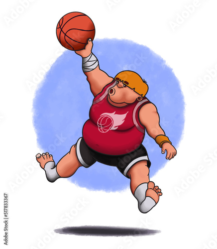 Hand drawn vector illustration, a big man doing a basketball lay up without boots