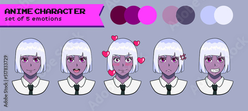 Design of a female cheerful white-haired and dark-skinned anime character with the Bob cut hairstyle showing different expressions and emotions.