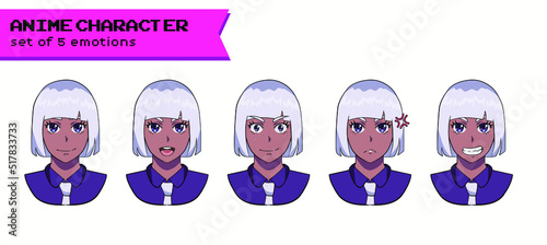 Design of a female cheerful white-haired and dark-skinned anime character with the Bob cut hairstyle showing different expressions and emotions.