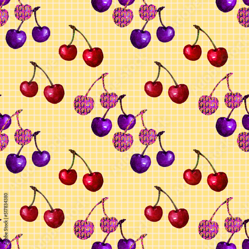 Pattern astratto con ciliegie su sfondo a quadretti giallo photo