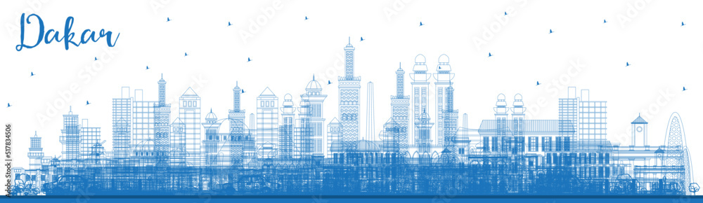 Fototapeta premium Outline Dakar Senegal City Skyline with Blue Buildings.