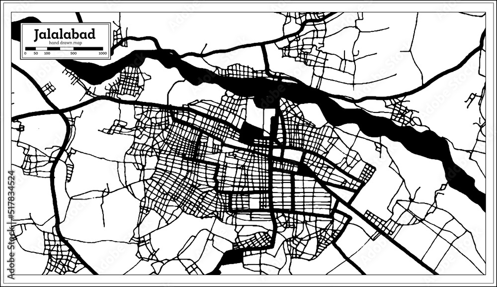 Jalalabad Afghanistan City Map in Black and White Color in Retro Style. Outline Map.