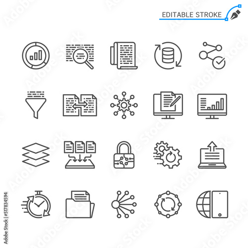 Data processing line icons. Editable stroke. Pixel perfect.