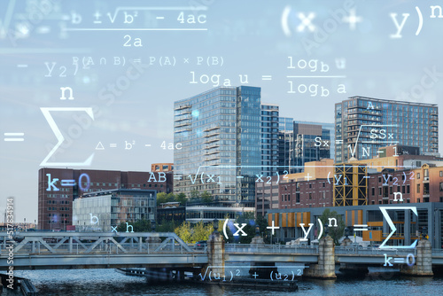 Panorama city view of Boston Harbour at day time, Massachusetts. Building exteriors of financial downtown. Technological and educational concept. Academic research, top ranking universities, hologram photo