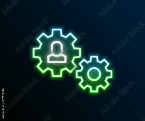 Glowing neon line Human with gear icon isolated on black background. Artificial intelligence. Thinking brain sign. Symbol work of brain. Colorful outline concept. Vector
