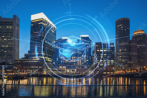 City view panorama of Boston Harbour and Seaport Blvd at night time  Massachusetts. Building exteriors of financial downtown. Education concept. Academic research  top ranking universities  hologram