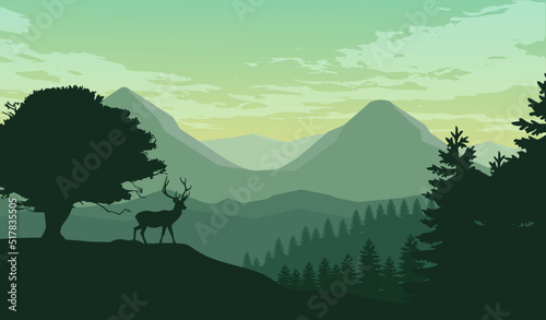 Reindeer in the mountains with forest landscape vector illustration