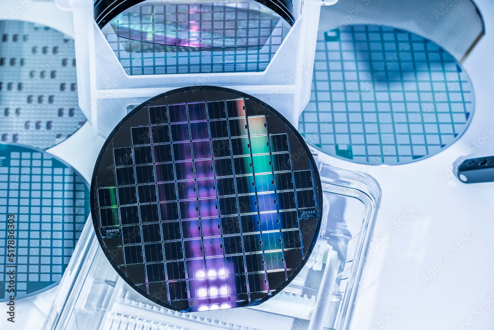 Fototapeta premium silicon wafer semiconductor with neon color, integrated circuits to manufacture CPU and GPU