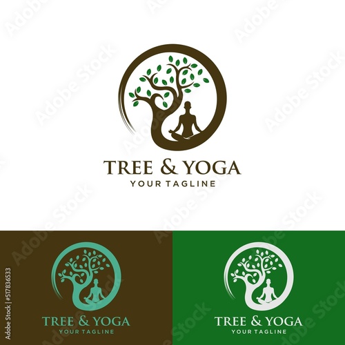 Wallpaper Mural Tree yoga logo. Silhouette of a person in meditation in a round frame. The image of nature, the tree of life. Design of the emblem of the trunk, leaves, crown and roots of the tree.Yoga logo vector, Torontodigital.ca