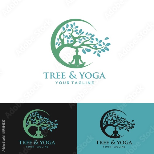Tree yoga logo. Silhouette of a person in meditation in a round frame. The image of nature, the tree of life. Design of the emblem of the trunk, leaves, crown and roots of the tree.Yoga logo vector,