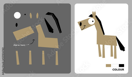 Horse pattern for kids crafts or paper crafts. Vector illustration of a horse puzzle. cut and paste patterns for kids crafts.