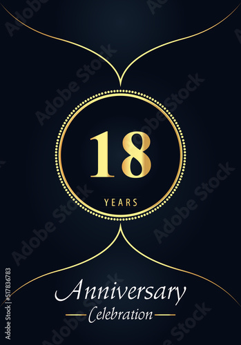 18 years anniversary celebration logo with gold dotted circle and Arabic style design on blue charcoal background. Premium design for weddings, happy birthday, greetings, ceremony, poster, banner.