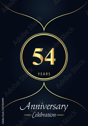 54 years anniversary celebration logo with gold dotted circle and Arabic style design on blue charcoal background. Premium design for weddings, happy birthday, greetings, ceremony, poster, banner.