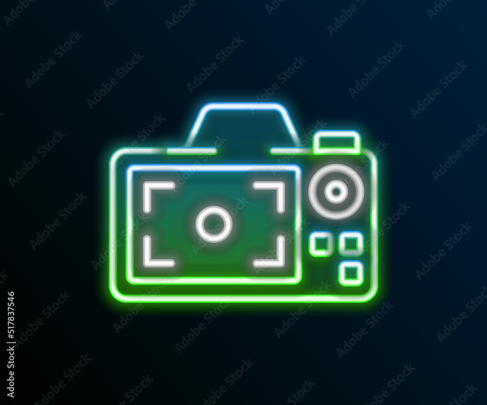 Glowing neon line Photo camera icon isolated on black background. Foto camera. Digital photography. Colorful outline concept. Vector Glowing neon line Photo camera icon isolated on black background. Foto camera. Digital photography. Colorful outline concept. Vector