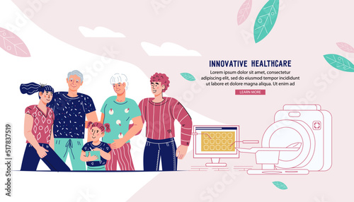 Family medicine clinic website, flat vector illustration. Family health insurance or medical services web page or landing page template.